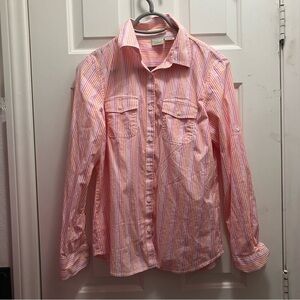 LL Bean Women’s Long Sleeve Button Up Striped Pink/Orange Med Reg